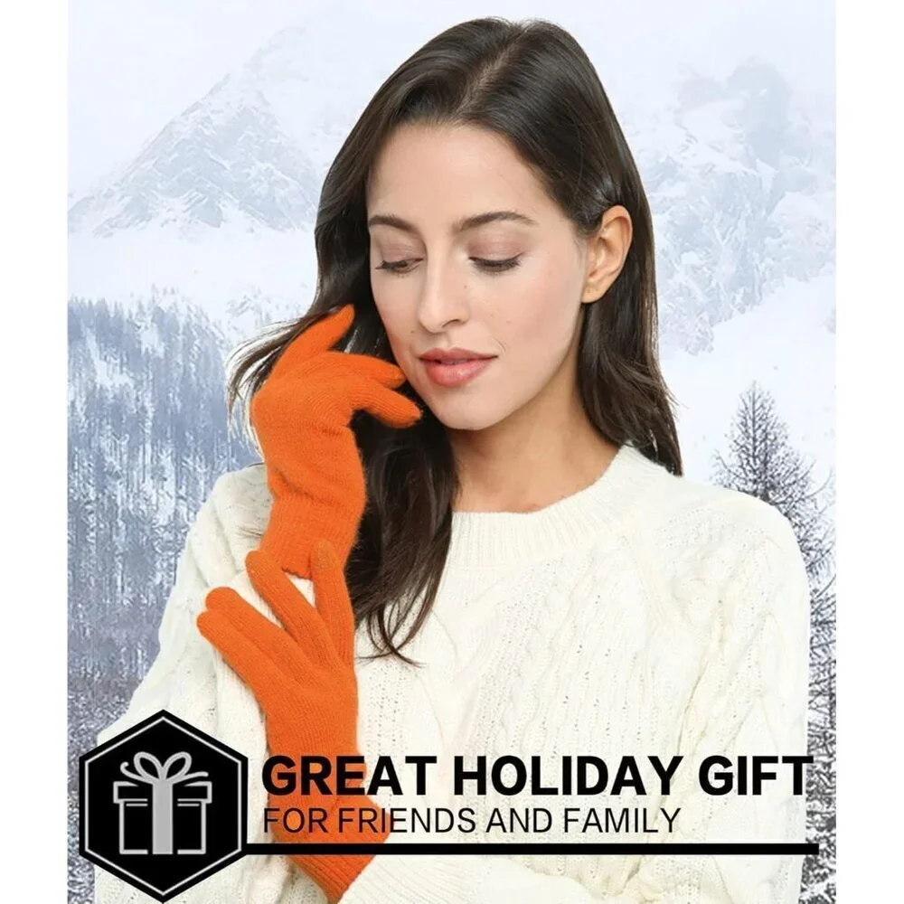 Women's Orange Winter Touchscreen Wool Magic Warm Knit Fleece Lined Gloves